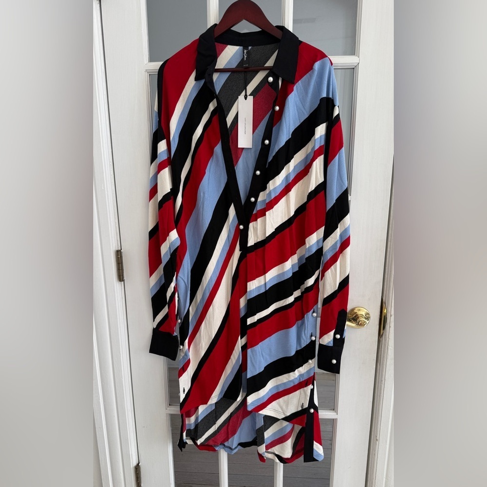 ADAM SELMAN Women's Multicolor Striped Long Sleeve Button Up Polo Shirt Dress